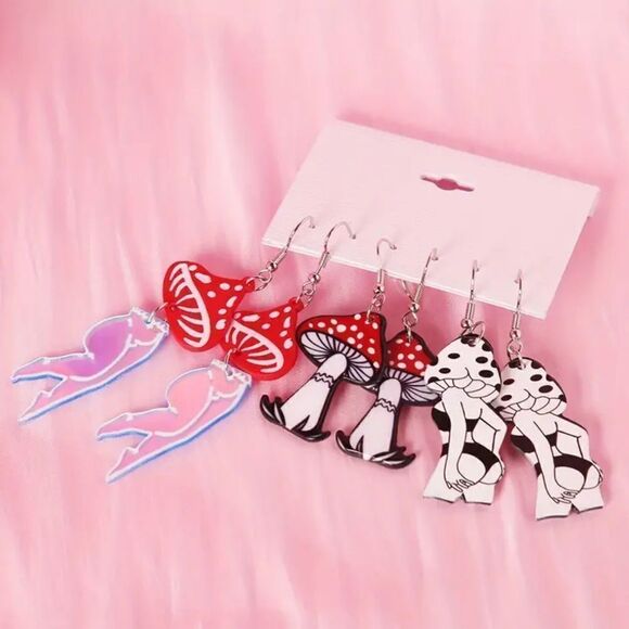 Psychedelic Mushroom Lady Lightweight Earrings Set of 3- Sexy Acrylic Black Red - Picture 4 of 5